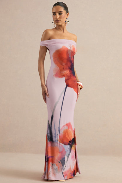Katia | Pink Poppy Print Bardot-Neck Maxi Dress