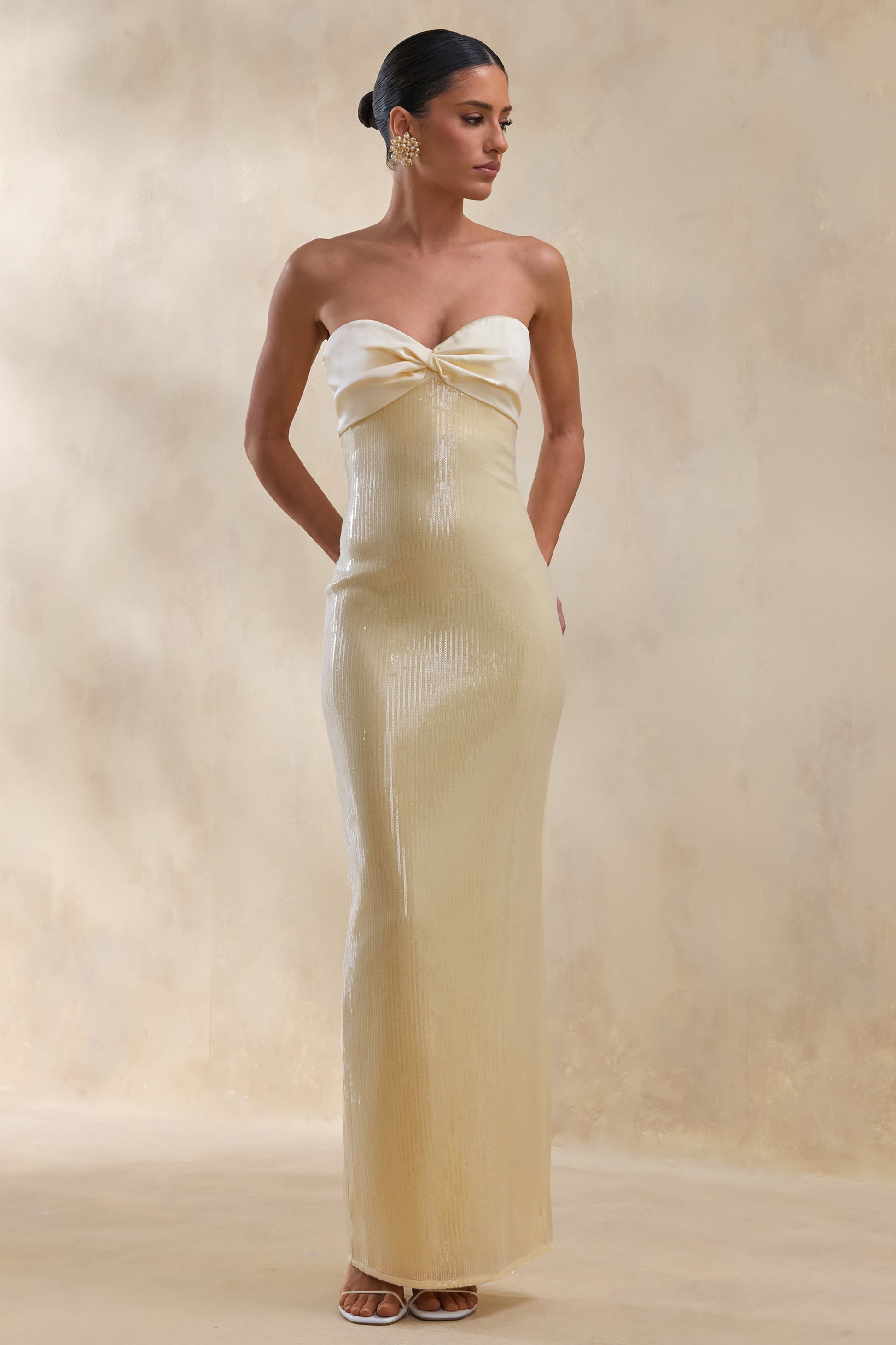 Stephanie | Lemon Sequin Bandeau Maxi Dress With Scarf