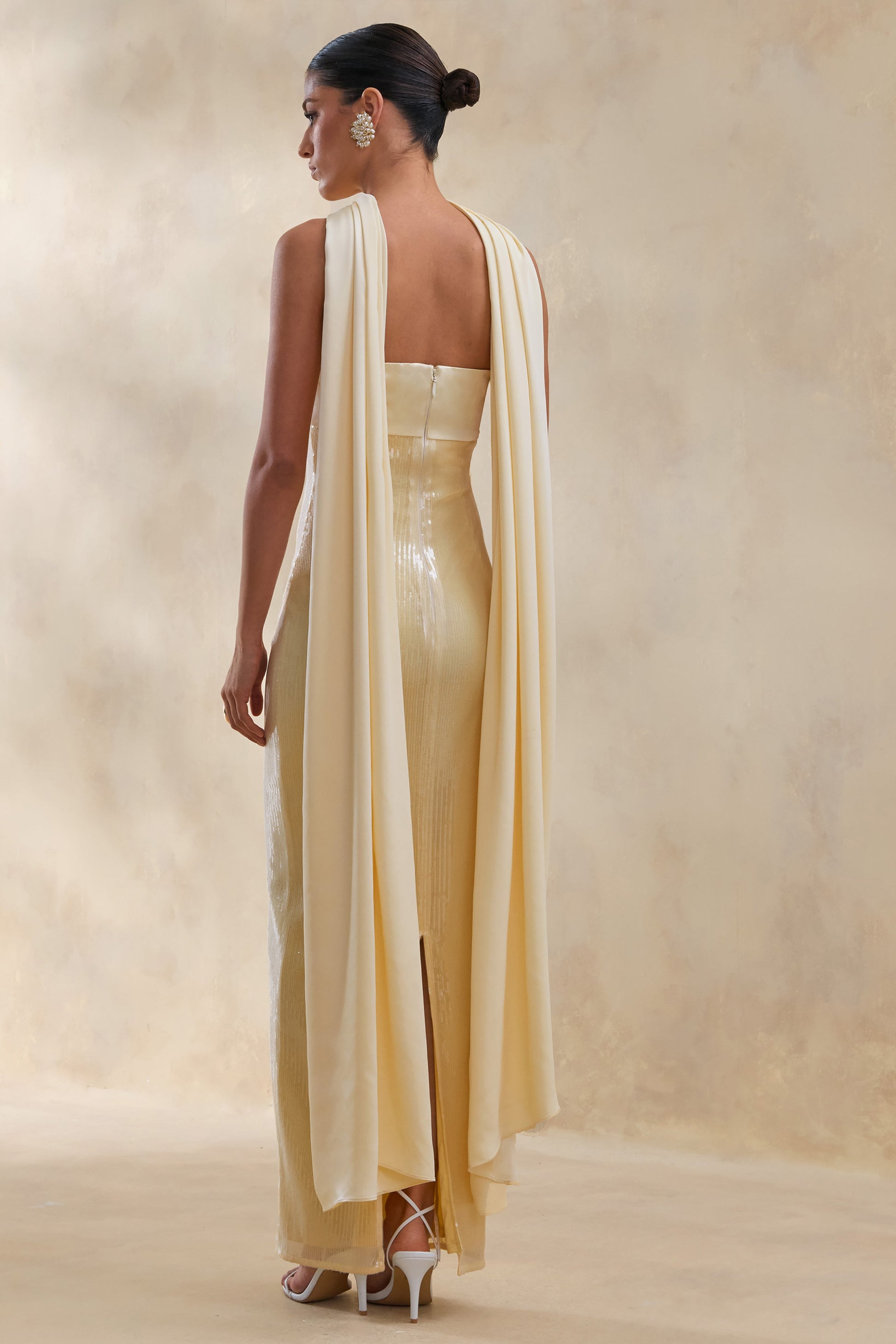 Stephanie | Lemon Sequin Bandeau Maxi Dress With Scarf
