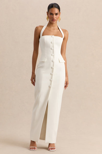 Steph | White Halter-Neck Tailored Maxi Dress