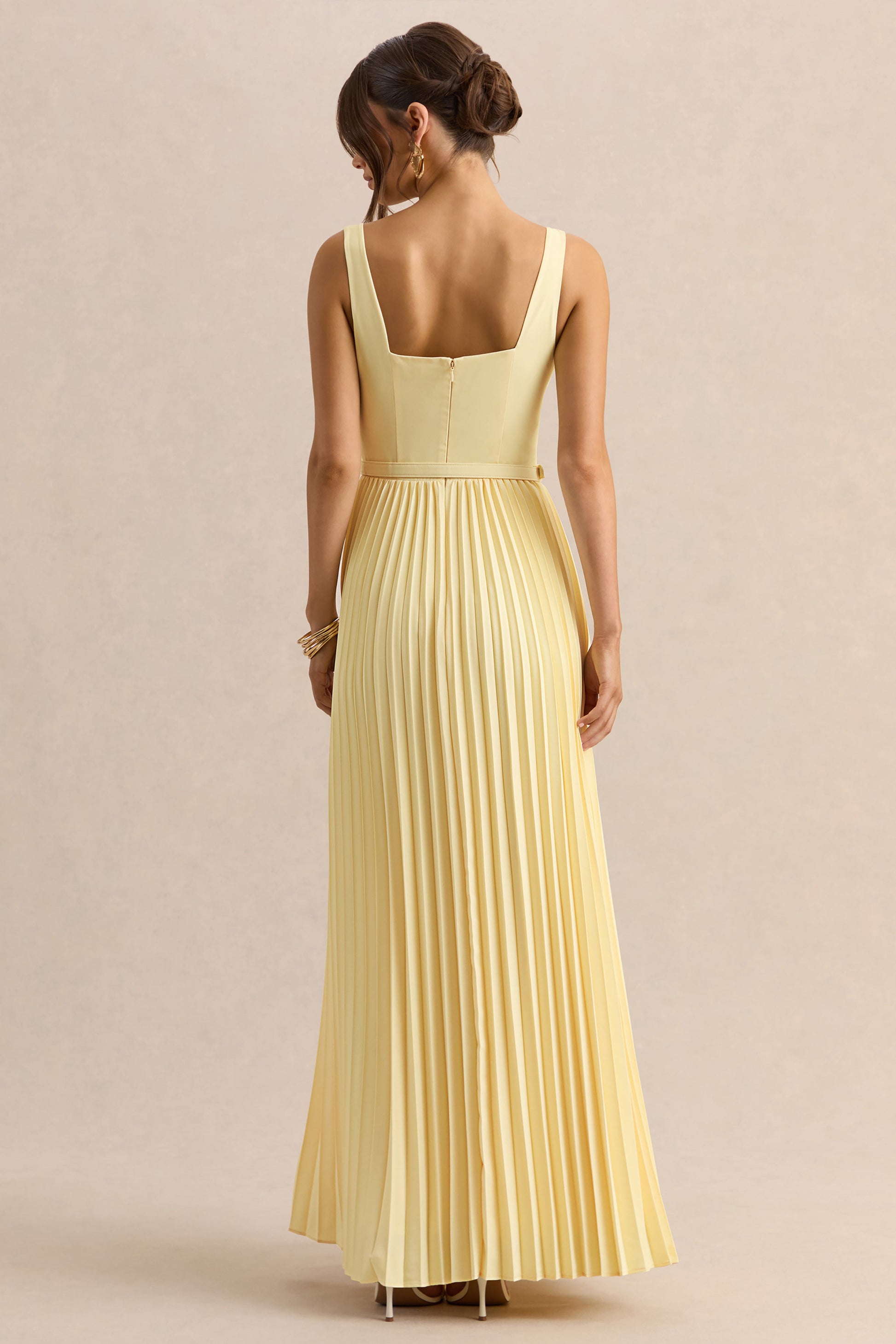 Danika | Lemon Square-Neck Belted Maxi Dress With Pleated Skirt