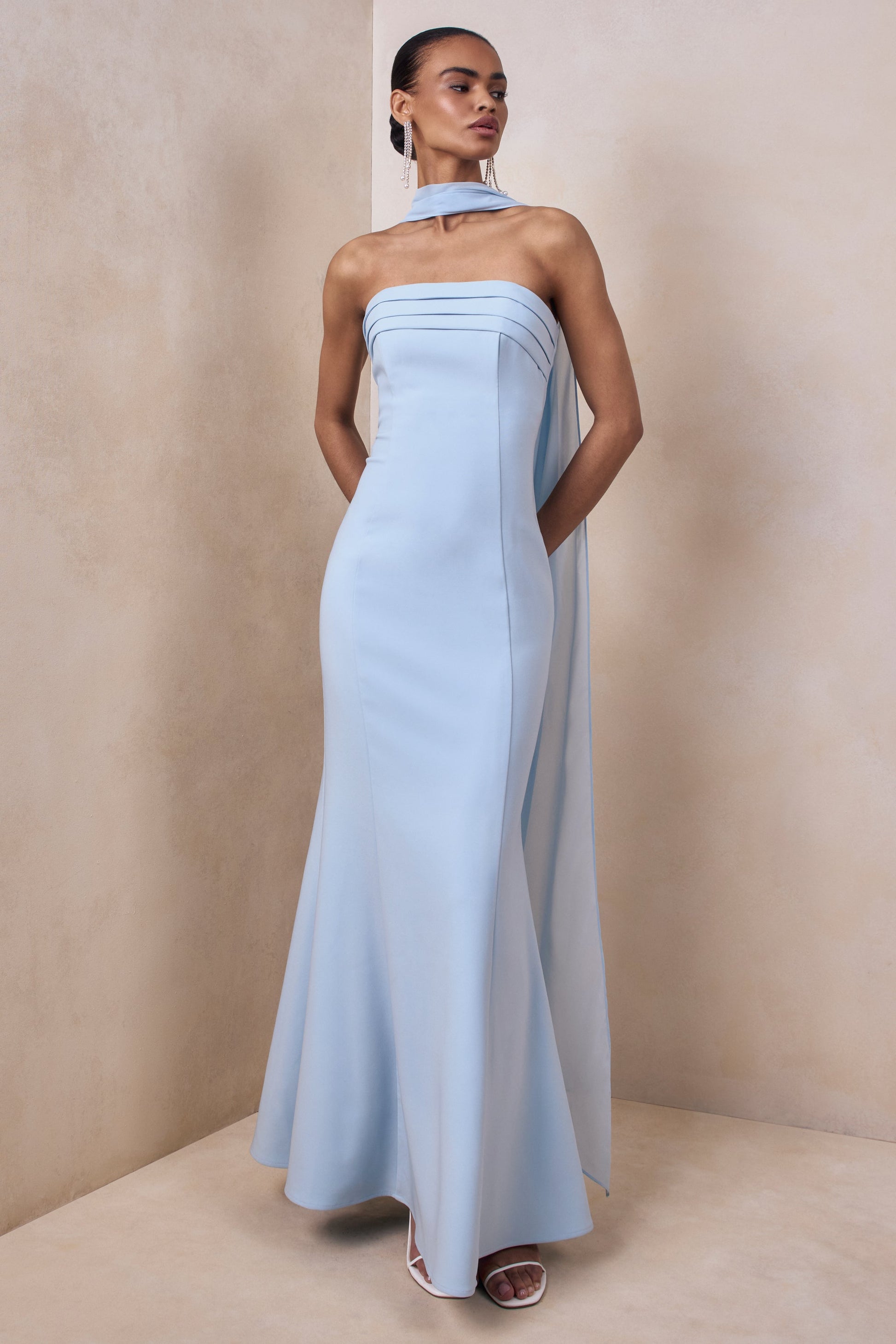 Nerissa | Light Blue Bandeau Maxi Dress With Scarf