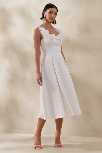 Maelle | White Scoop-Neck Midi Dress With Corsage Detailing