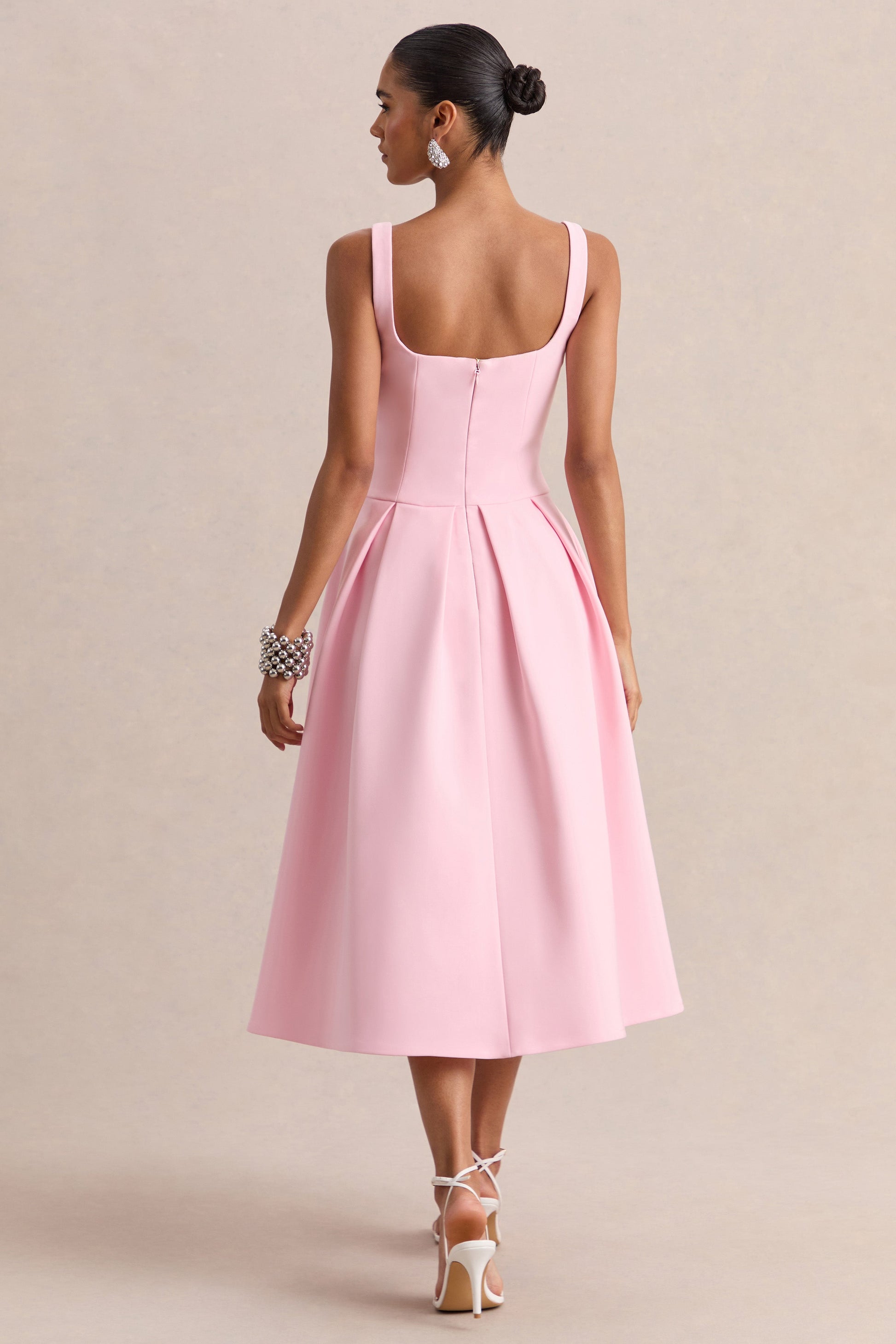 Greta | Light Pink Sweetheart-Neck Midi Dress