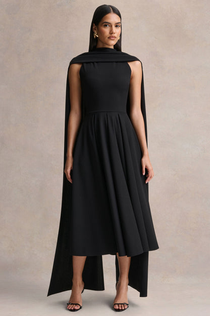 Nova | Black High-Neck Midi Dress With Cape-Sleeves
