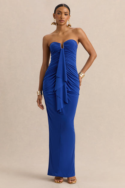 Chloe | Blue Bandeau Maxi Dress With Ruffled Detailing
