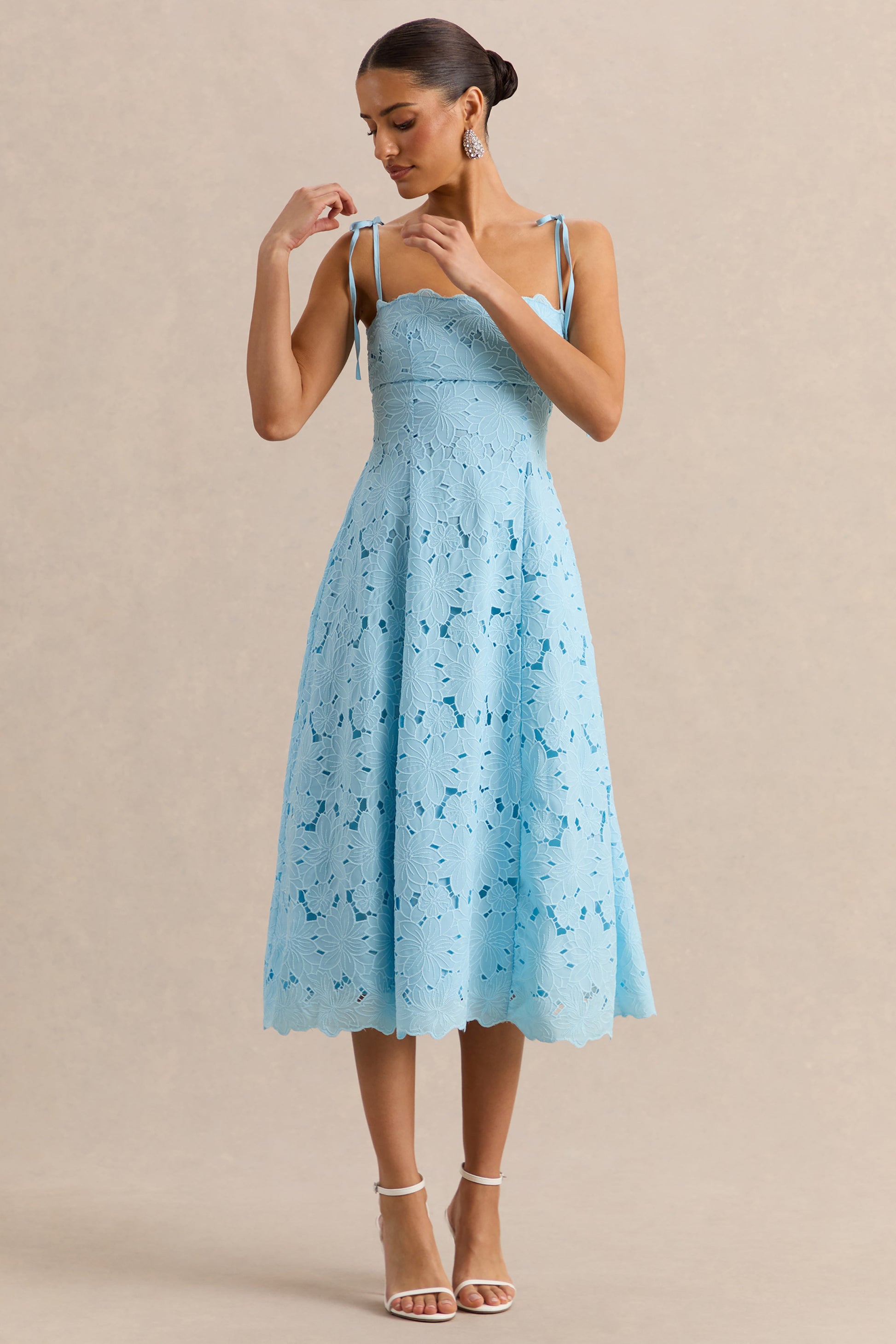 Anna | Embroidered Powder Blue Square-Neck Midi Dress