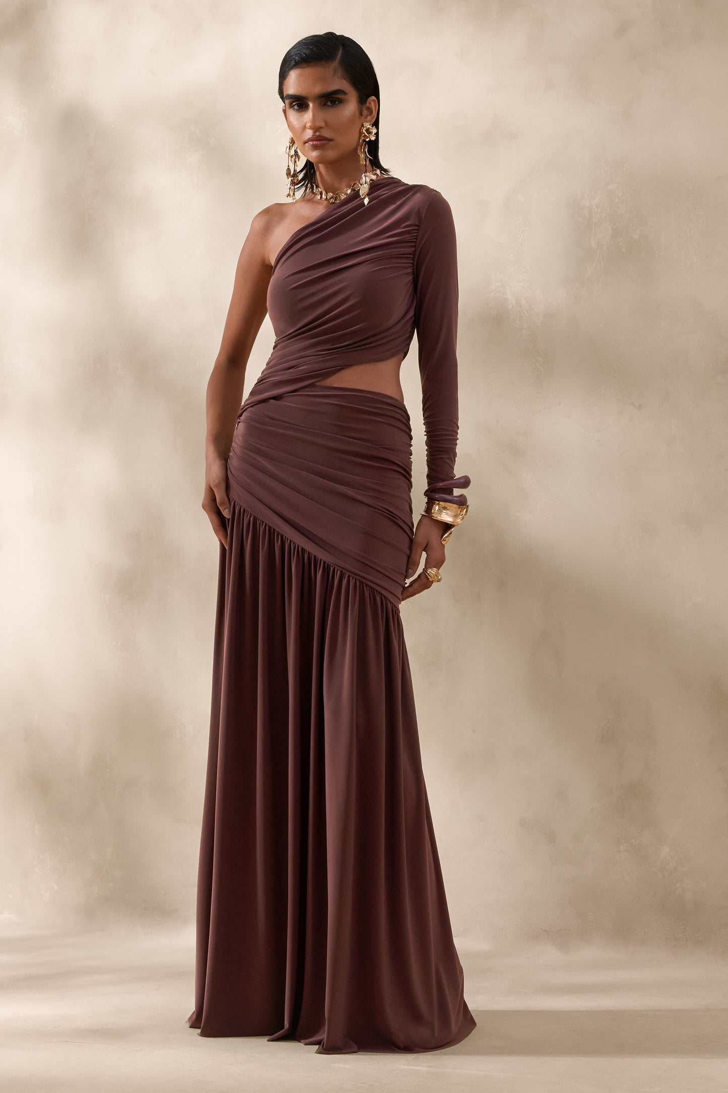 Kinsley | Brown Asymmetric-Neck Maxi Dress With Body Cut-Out Detail