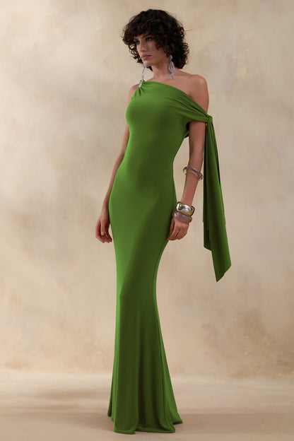 Vista | Green Asymmetric-Neck Maxi Dress With Knot-Sleeve Detail
