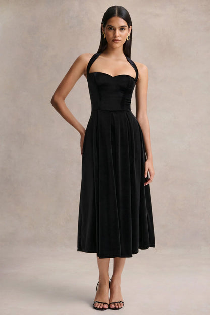 Esmeray | Black Velvet Sweetheart-Neck Midi Dress