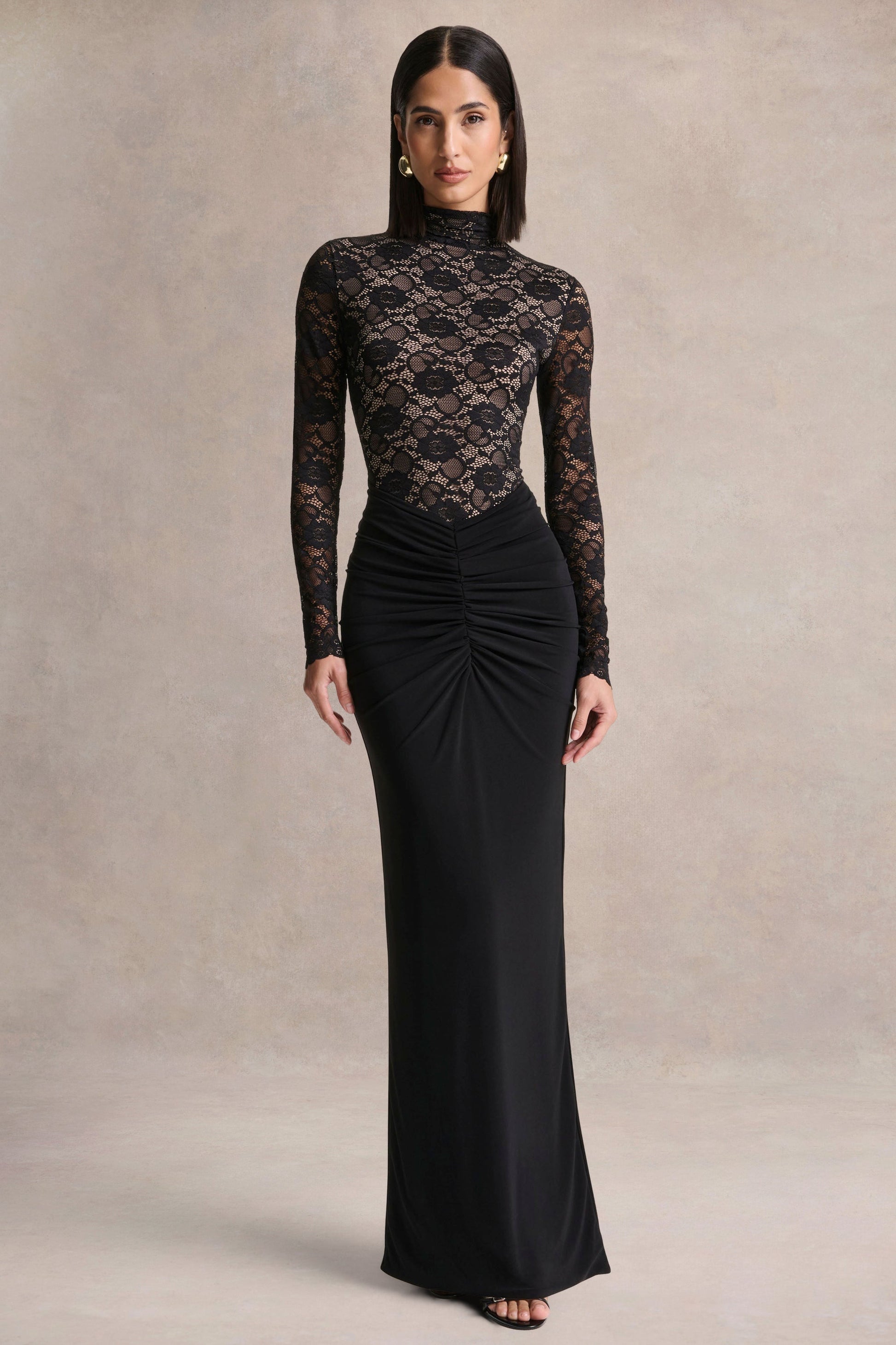 Justina | Black High-Neck Maxi Dress With Gathered-Detailing