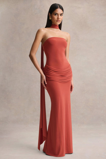 Graciella | Rust Bandeau Maxi Dress With Draped Detailing And Scarf