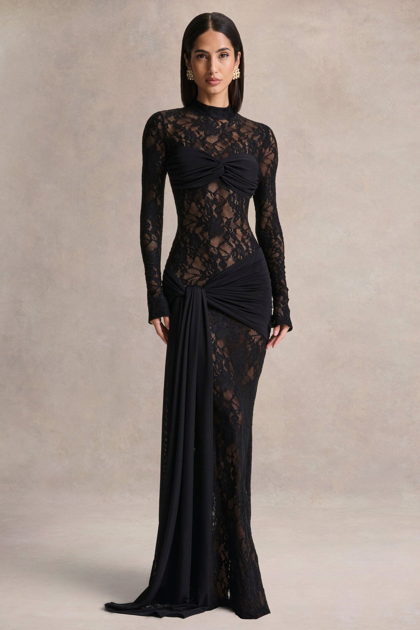 Akira | Black Sheer Lace Maxi Dress With Sash-Detail