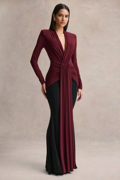Halston | Burgundy And Black Plunge-Neck Maxi Dress With Gathered-Detailing