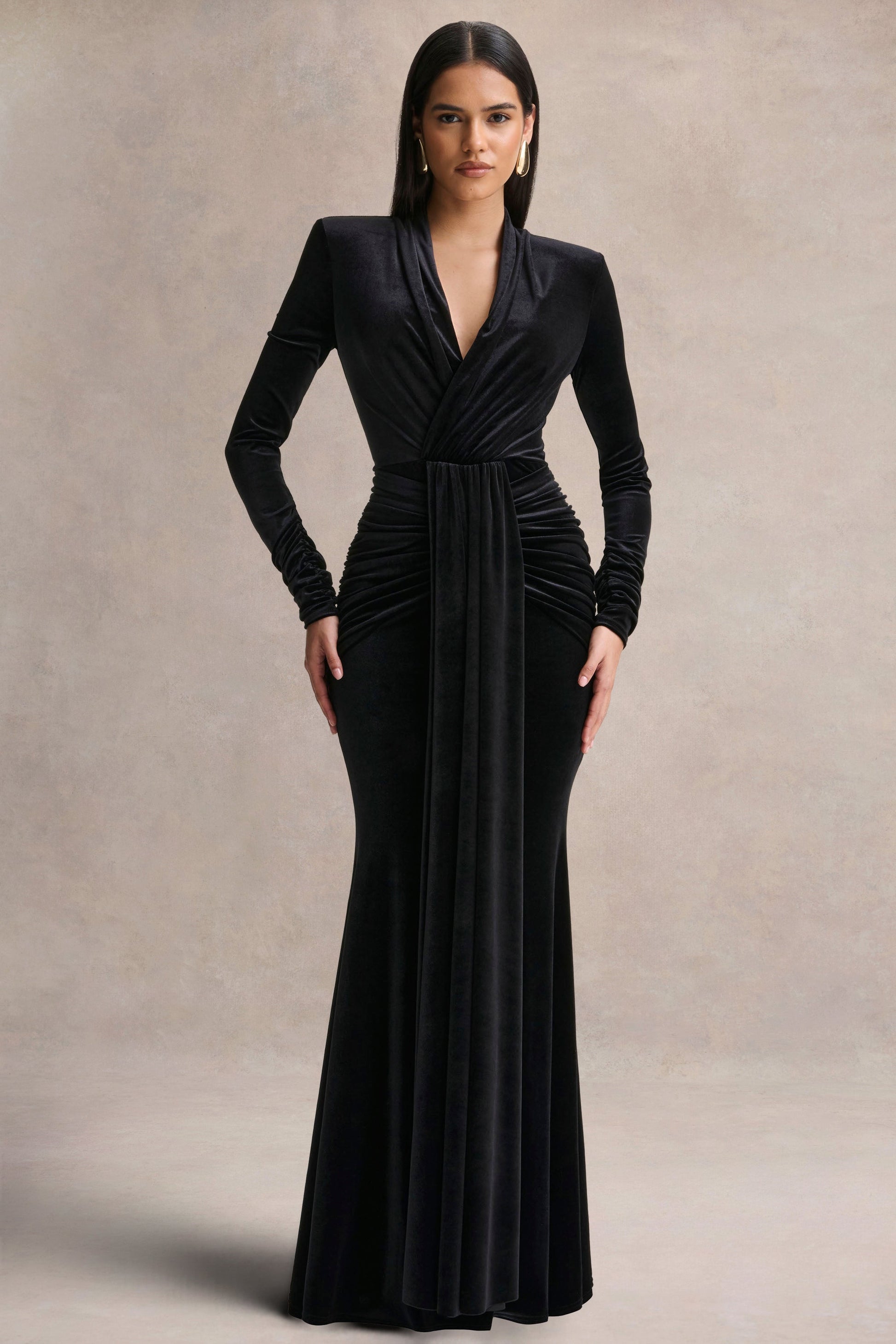 Halima | Black Velvet Plunge-Neck Maxi Dress With Gathered Detailing