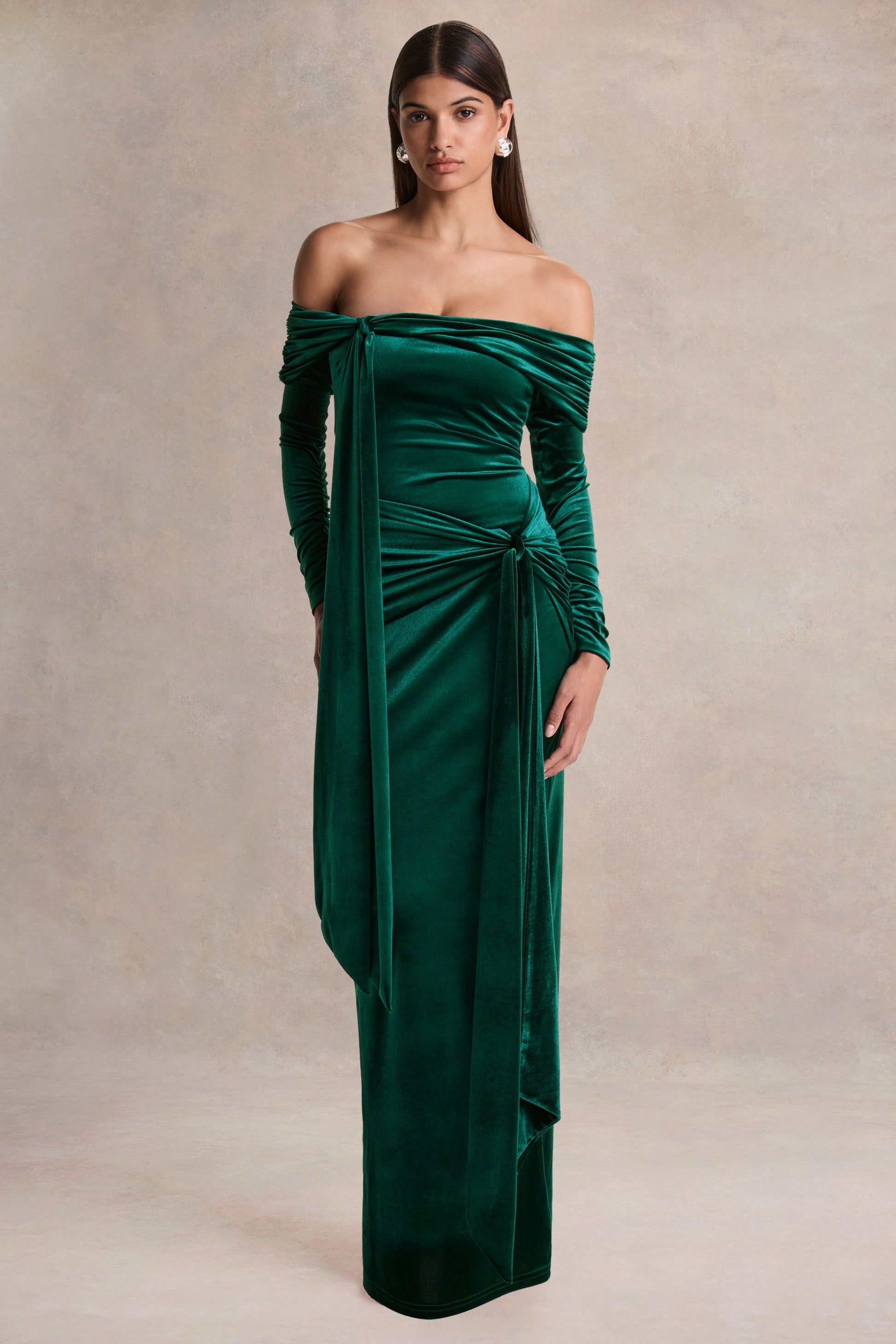 Jessara | Bottle Green Bardot-Neck Maxi Dress With Knot-Details