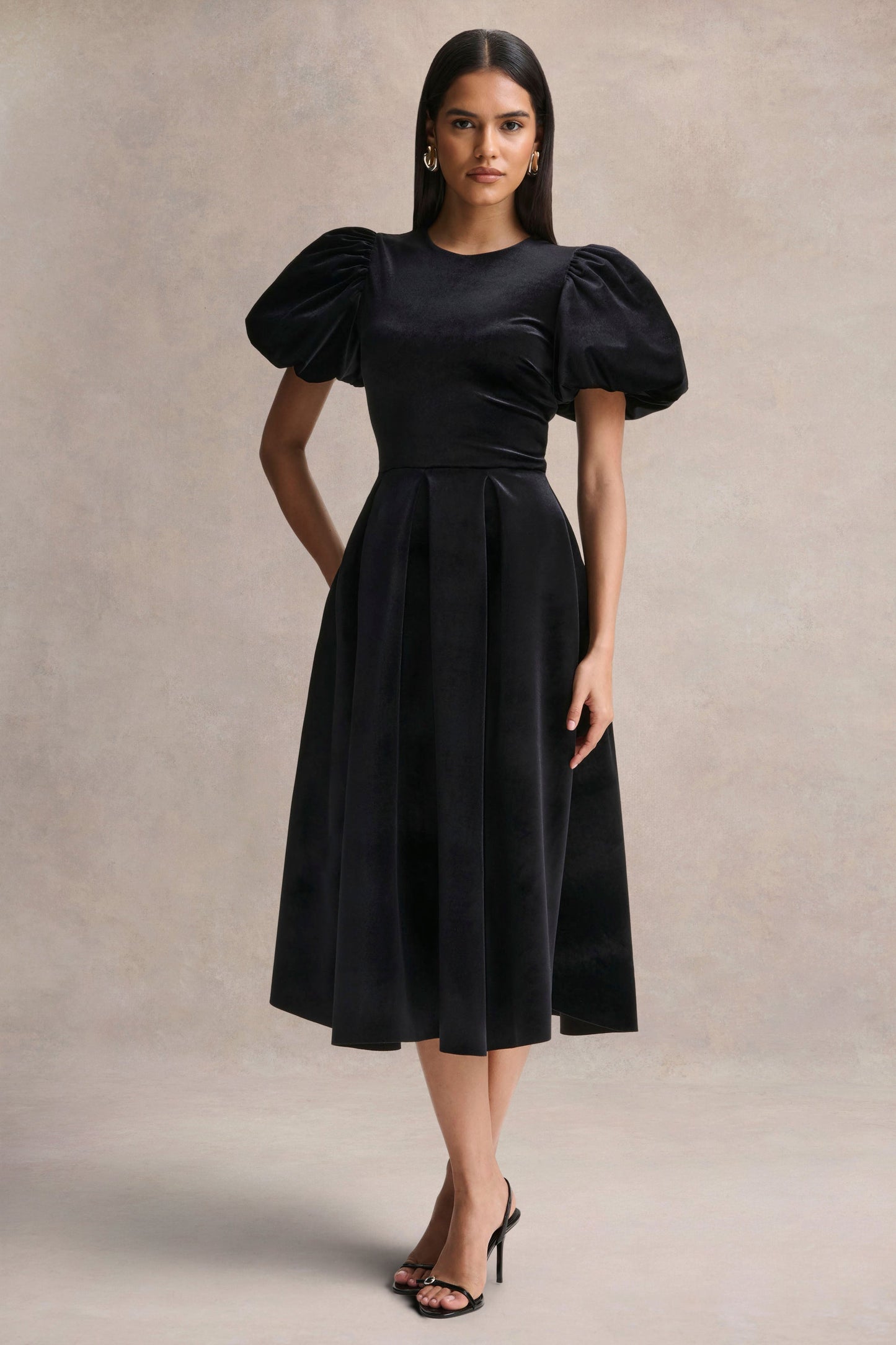 Seraphic | Black Velvet Puff-Sleeve Midi Dress