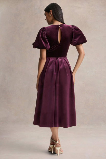 Seraphic | Burgundy Velvet Puff-Sleeve Midi Dress