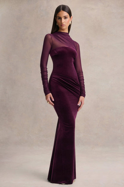 Cambria | Plum Velvet High-Neck Maxi Dress With Draped-Detailing