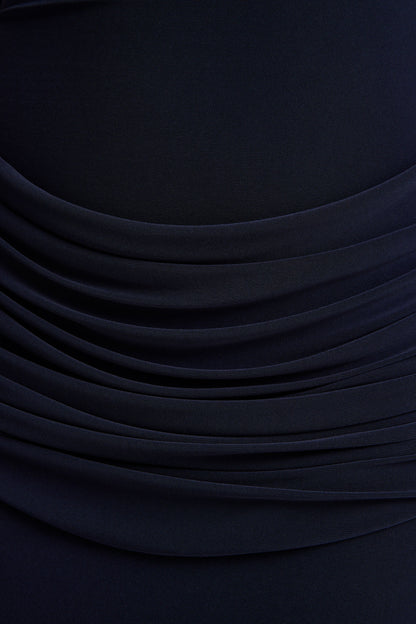 Hesperia | Navy High-Neck Maxi Dress With Draped-Detailing And Scarf