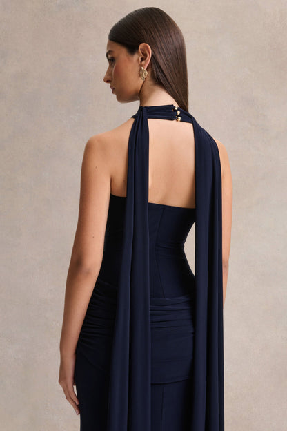 Hesperia | Navy High-Neck Maxi Dress With Draped-Detailing And Scarf
