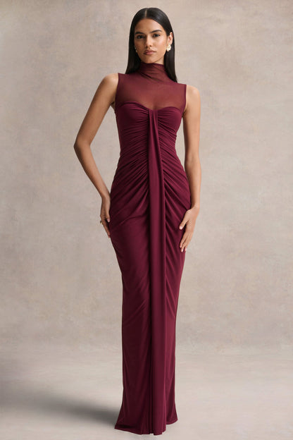 Brialle | Burgundy High-Neck Maxi Dress With Mesh And Gathered-Detailing