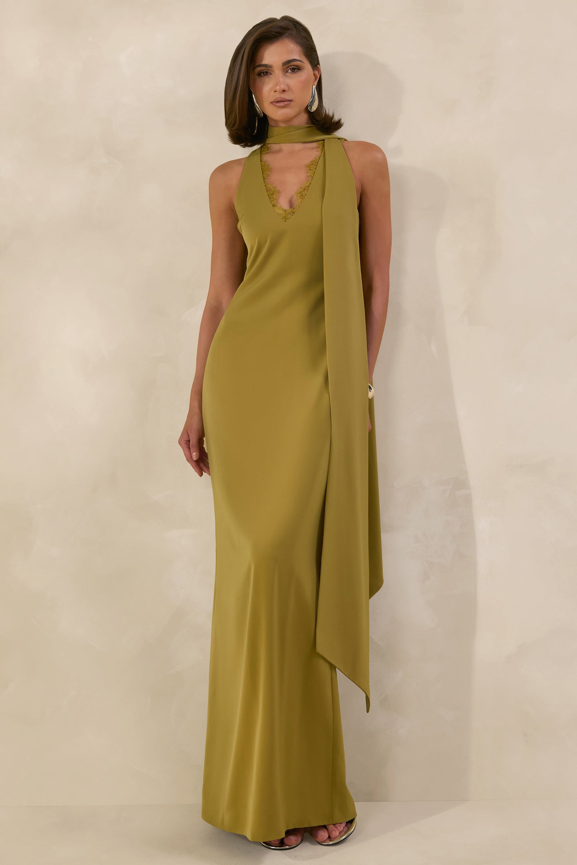 True Icon | Olive Satin High-Neck Maxi Slip Dress With Sash