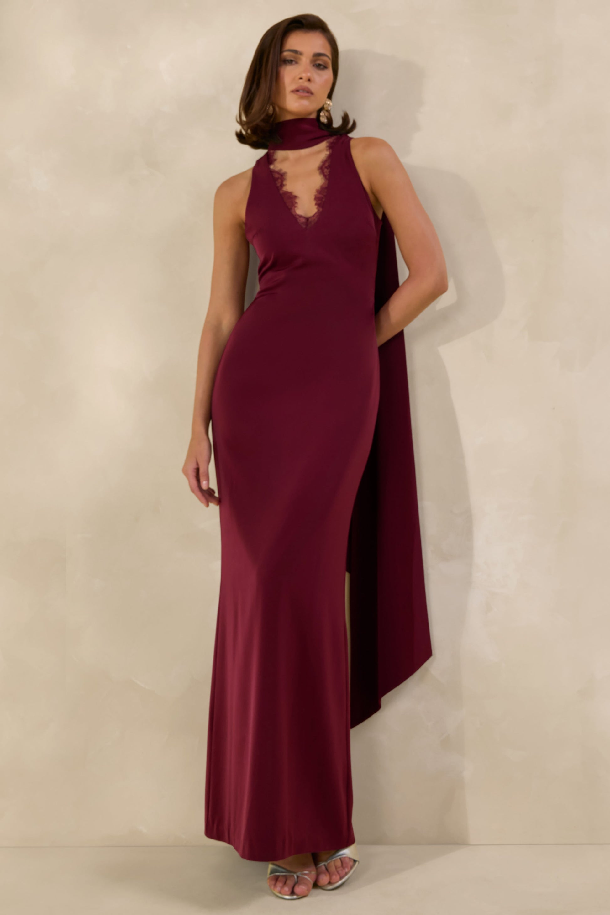 True Icon | Burgundy Satin High-Neck Maxi Slip Dress With Sash