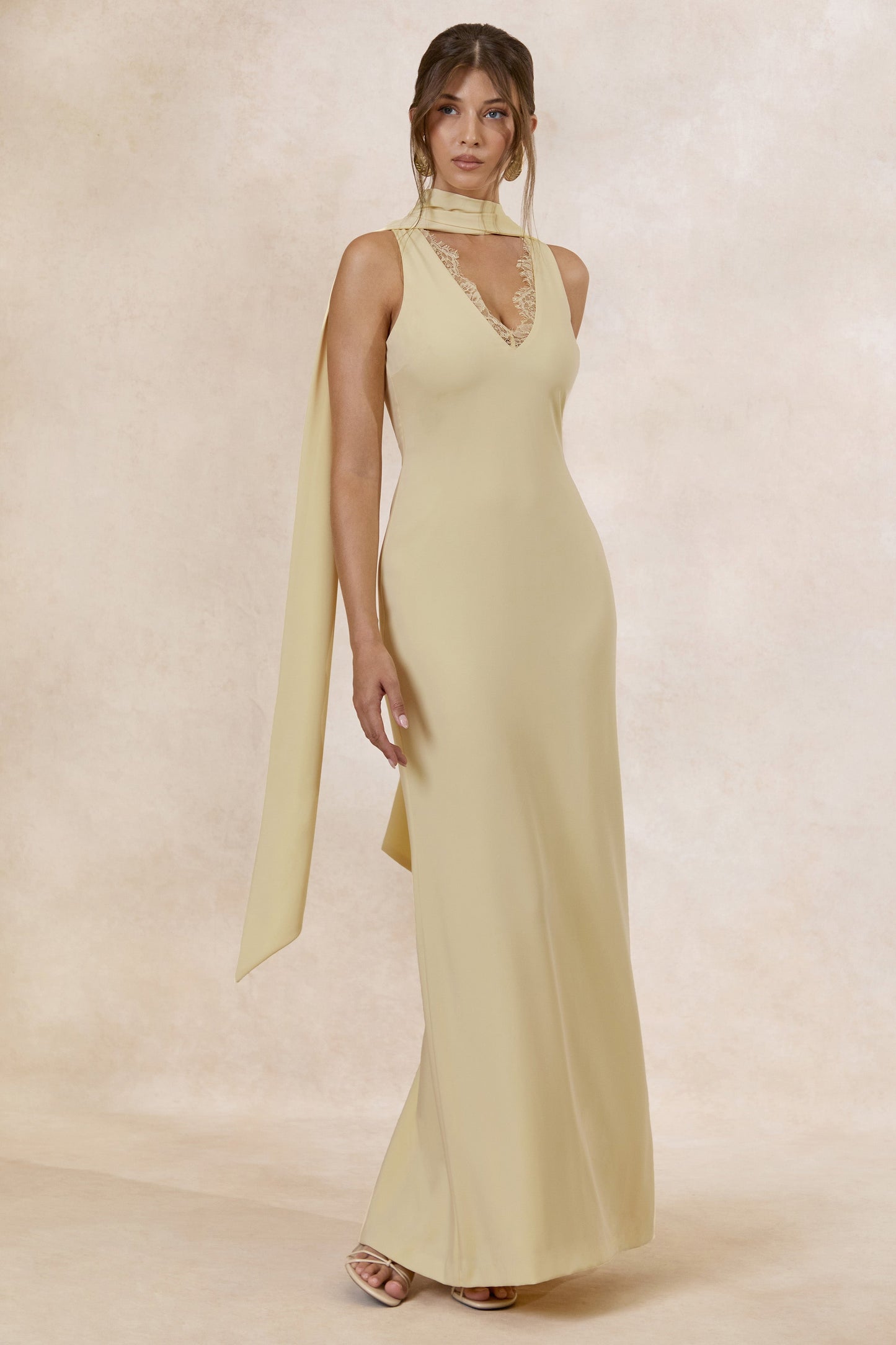 True Icon | Lemon Satin High-Neck Maxi Slip Dress With Sash