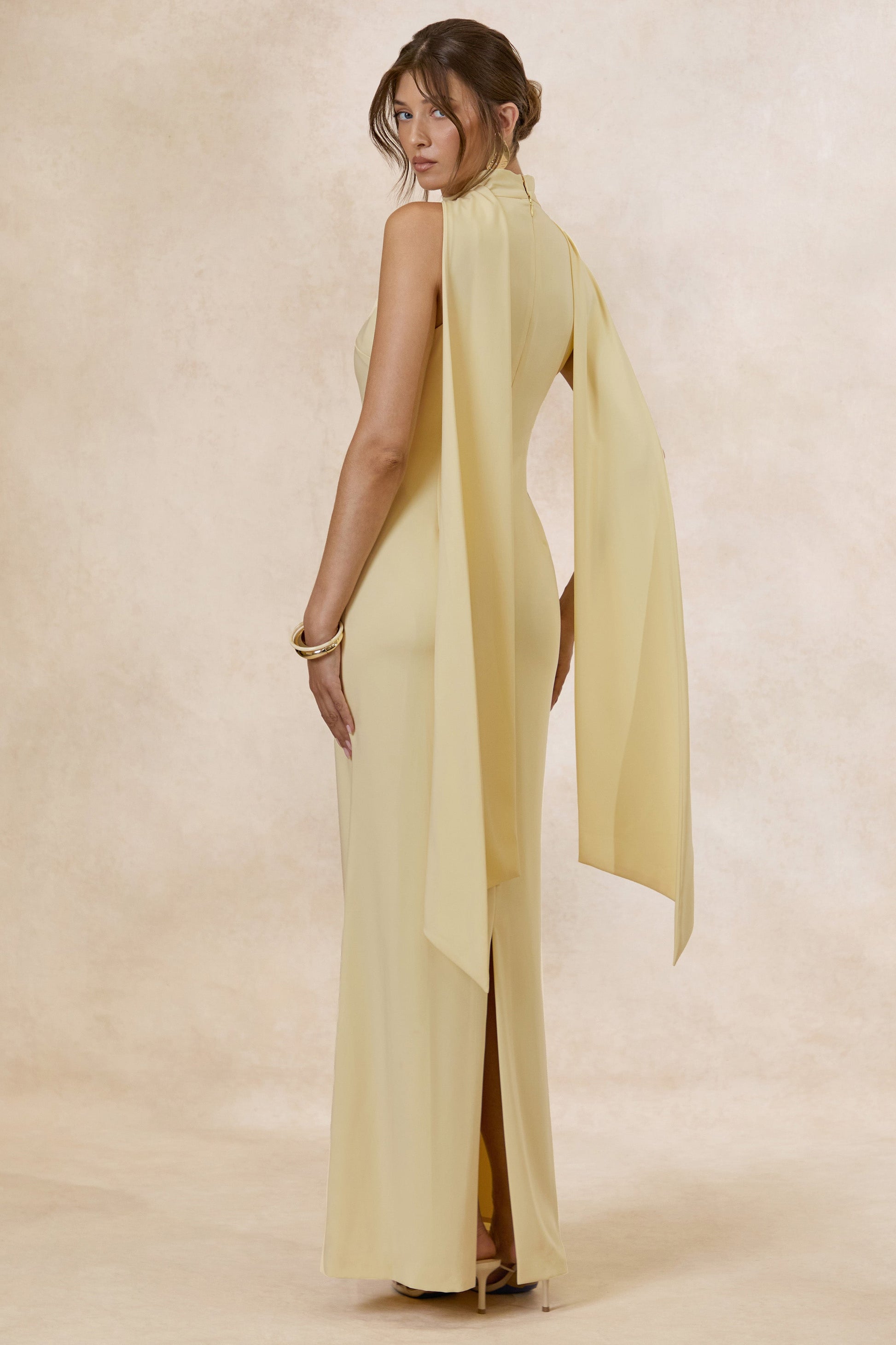 True Icon | Lemon Satin High-Neck Maxi Slip Dress With Sash