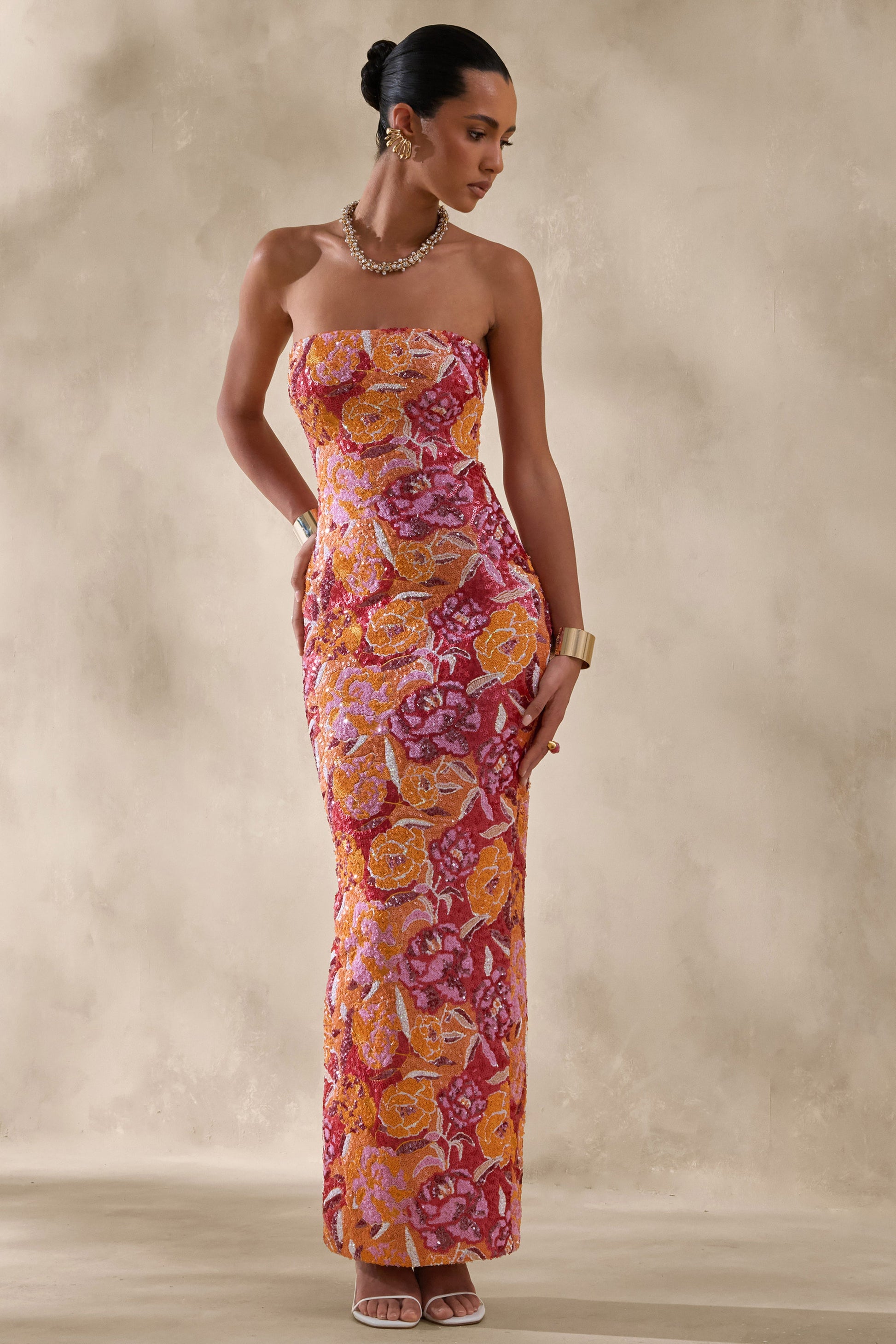 Mabel | Orange Floral Sequin Bandeau-Neck Maxi Dress