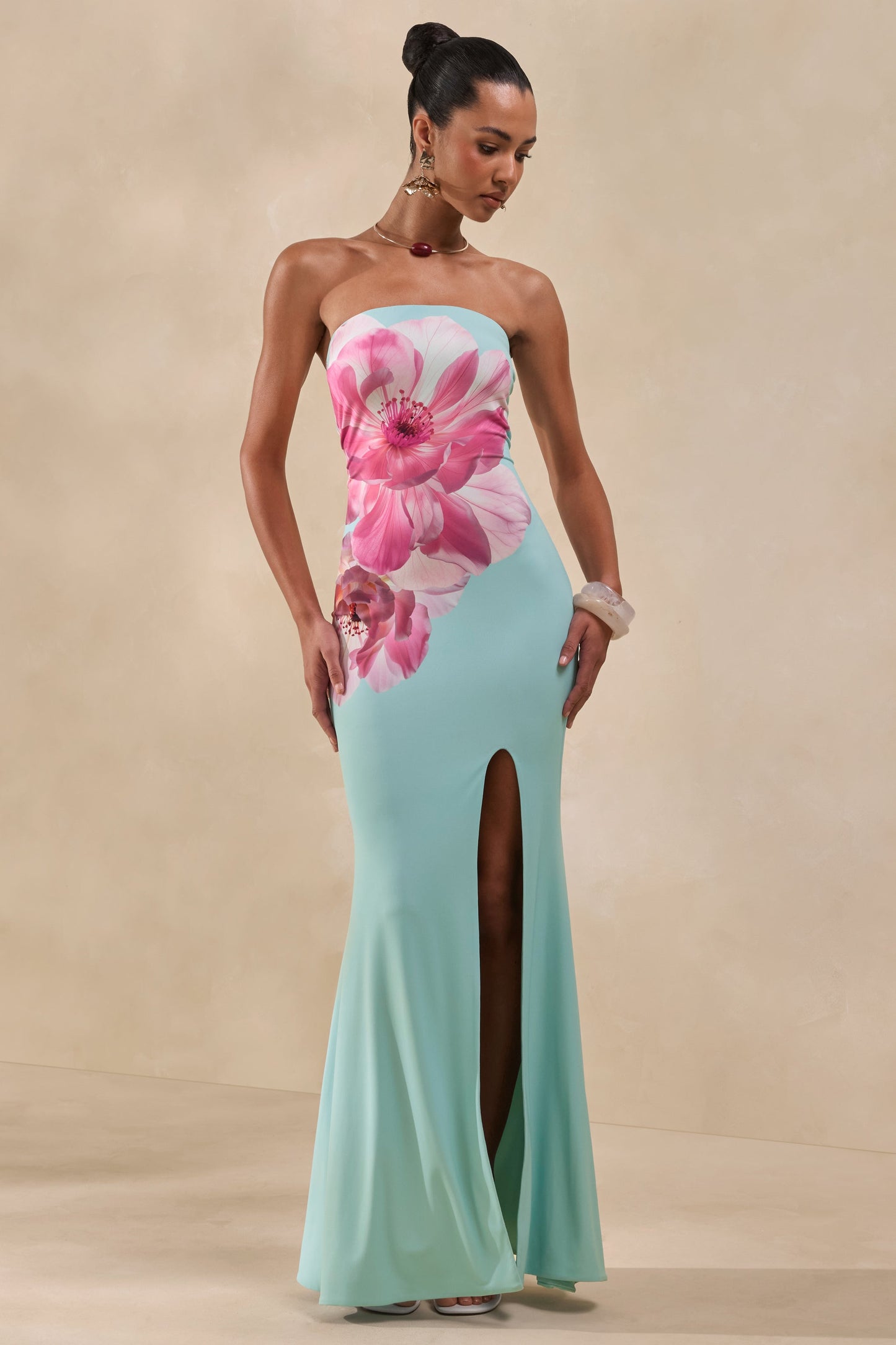 Lumia | Sage And Pink Placement Print Bandeau Maxi Dress