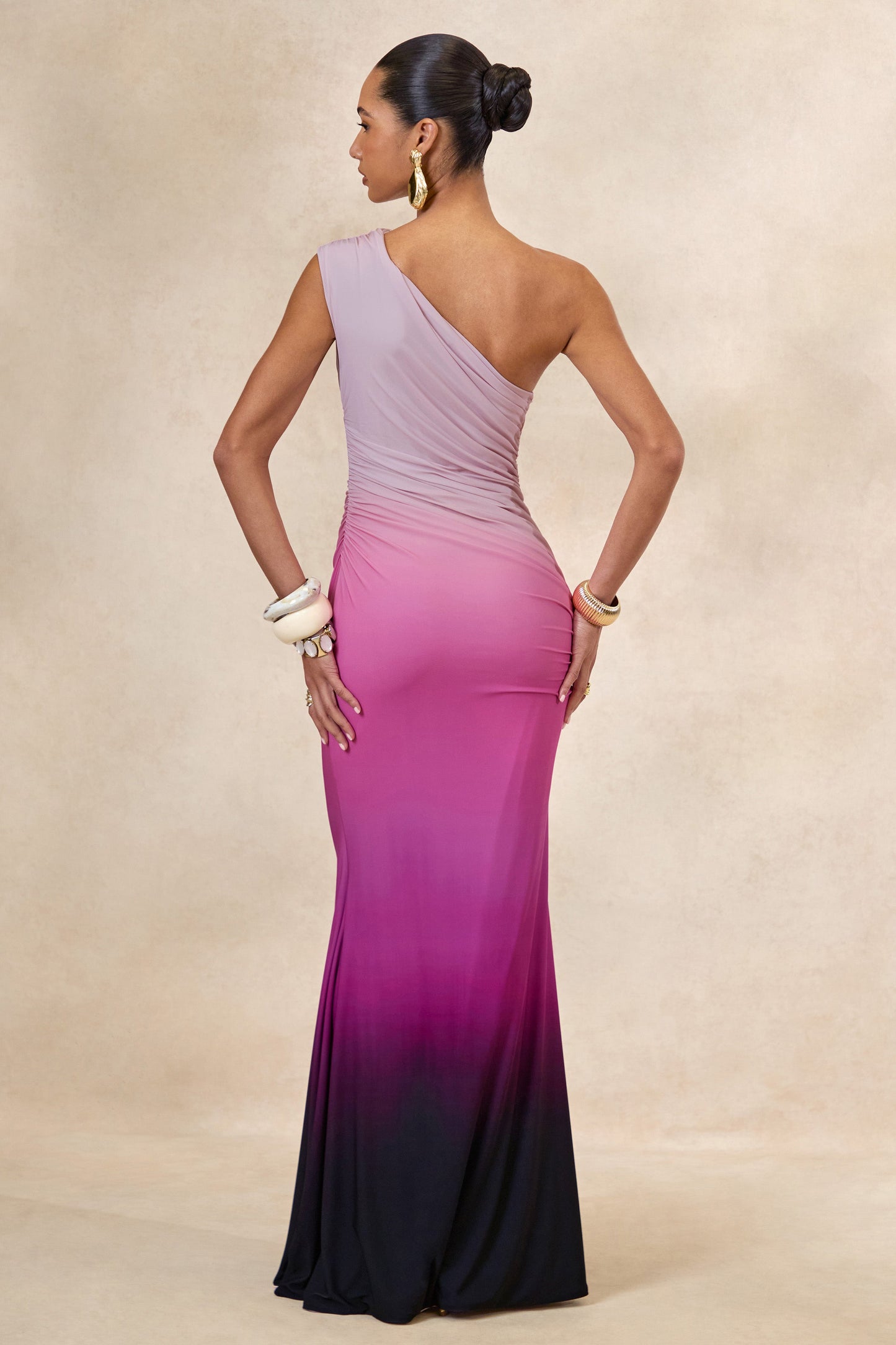 Lauretta | Pink Ombre Asymmetric Maxi Dress With Ruching