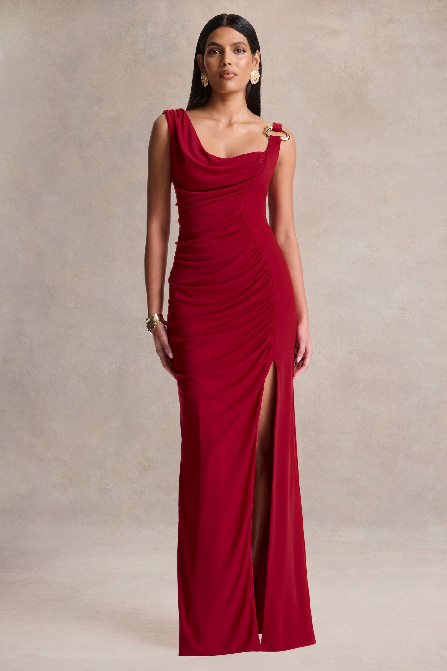 Vesperelle | Red Scoop-Neck Maxi Dress With Gathered-Detailing