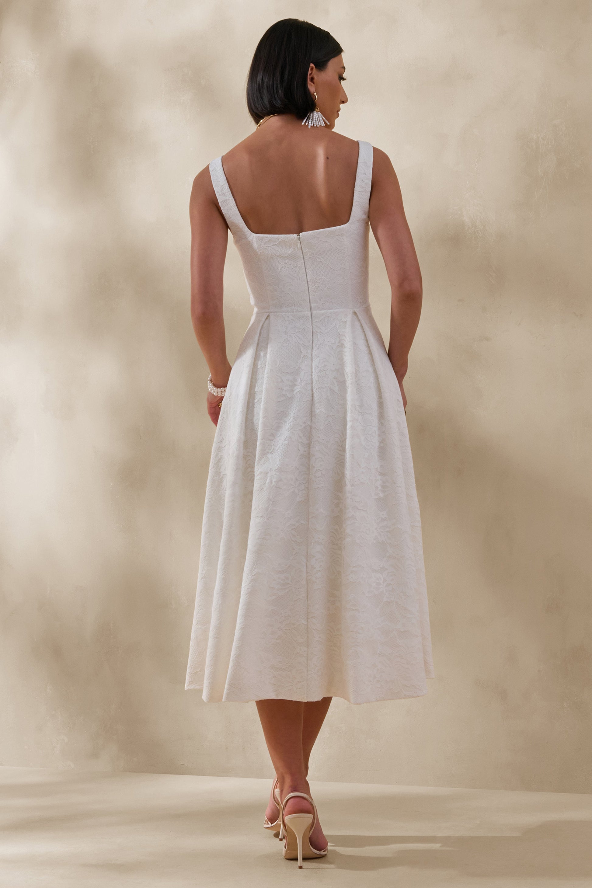 Ashmara | White Lace Square-Neck Midi Dress