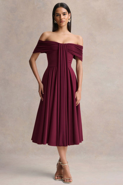 Dearest | Burgundy Bardot-Neck Midi Dress