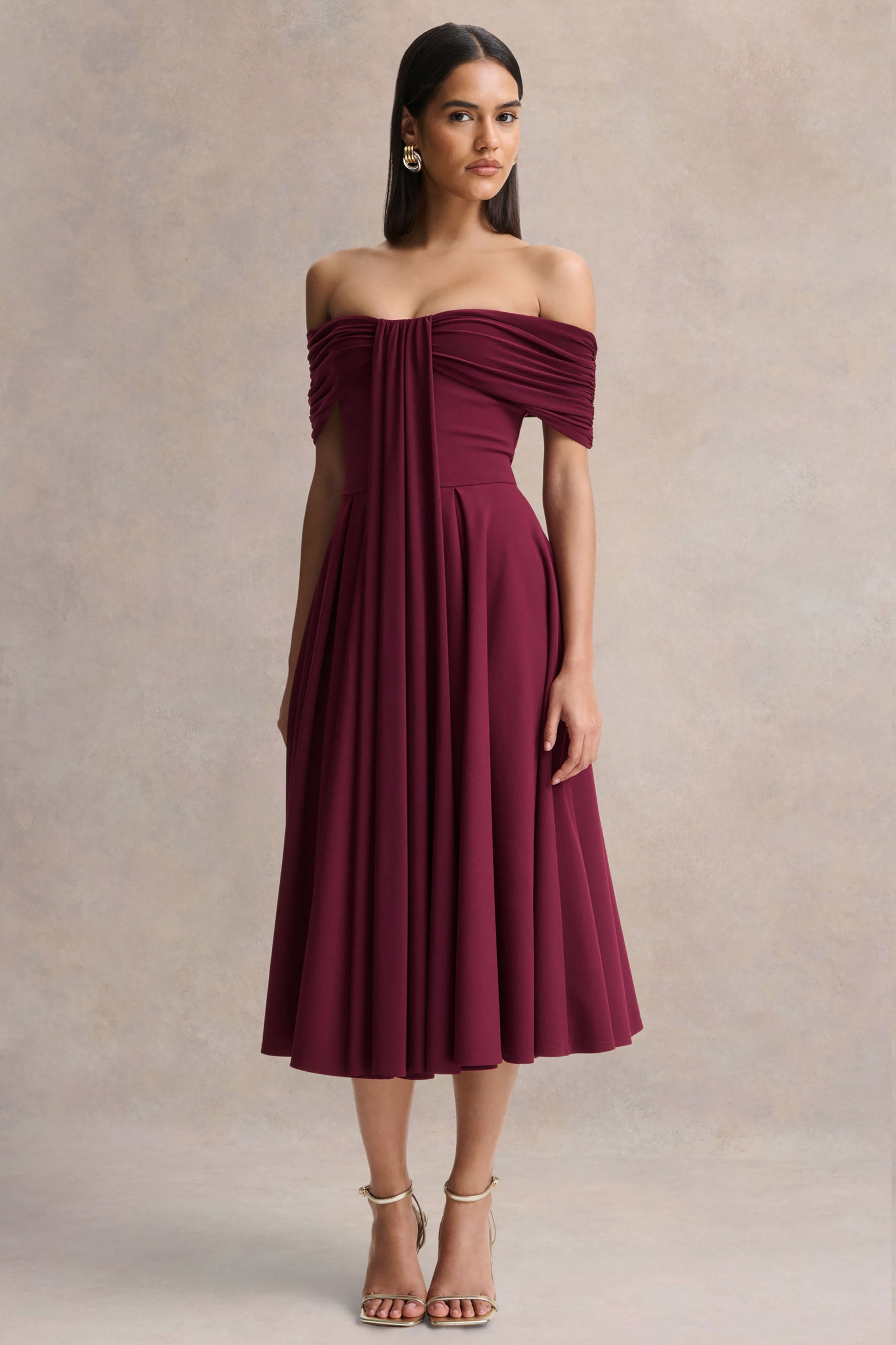 Dearest | Burgundy Bardot-Neck Midi Dress