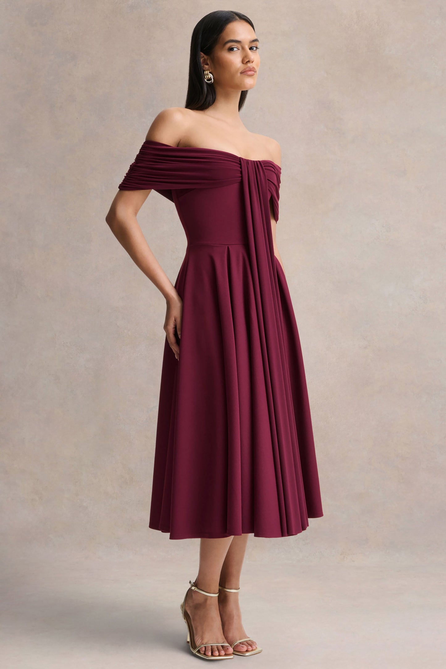 Dearest | Burgundy Bardot-Neck Midi Dress