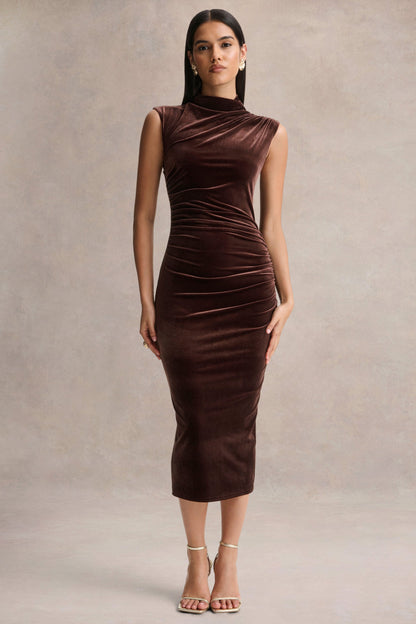 Novine | Brown Velvet High-Neck Midi Dress