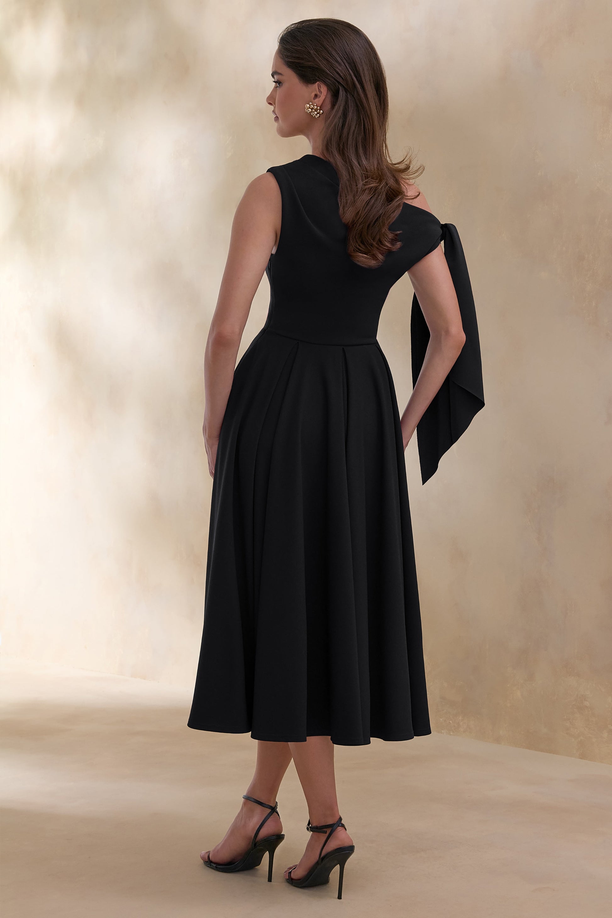 Daring | Black Asymmetric-Neck Midi Dress With Knot-Detail