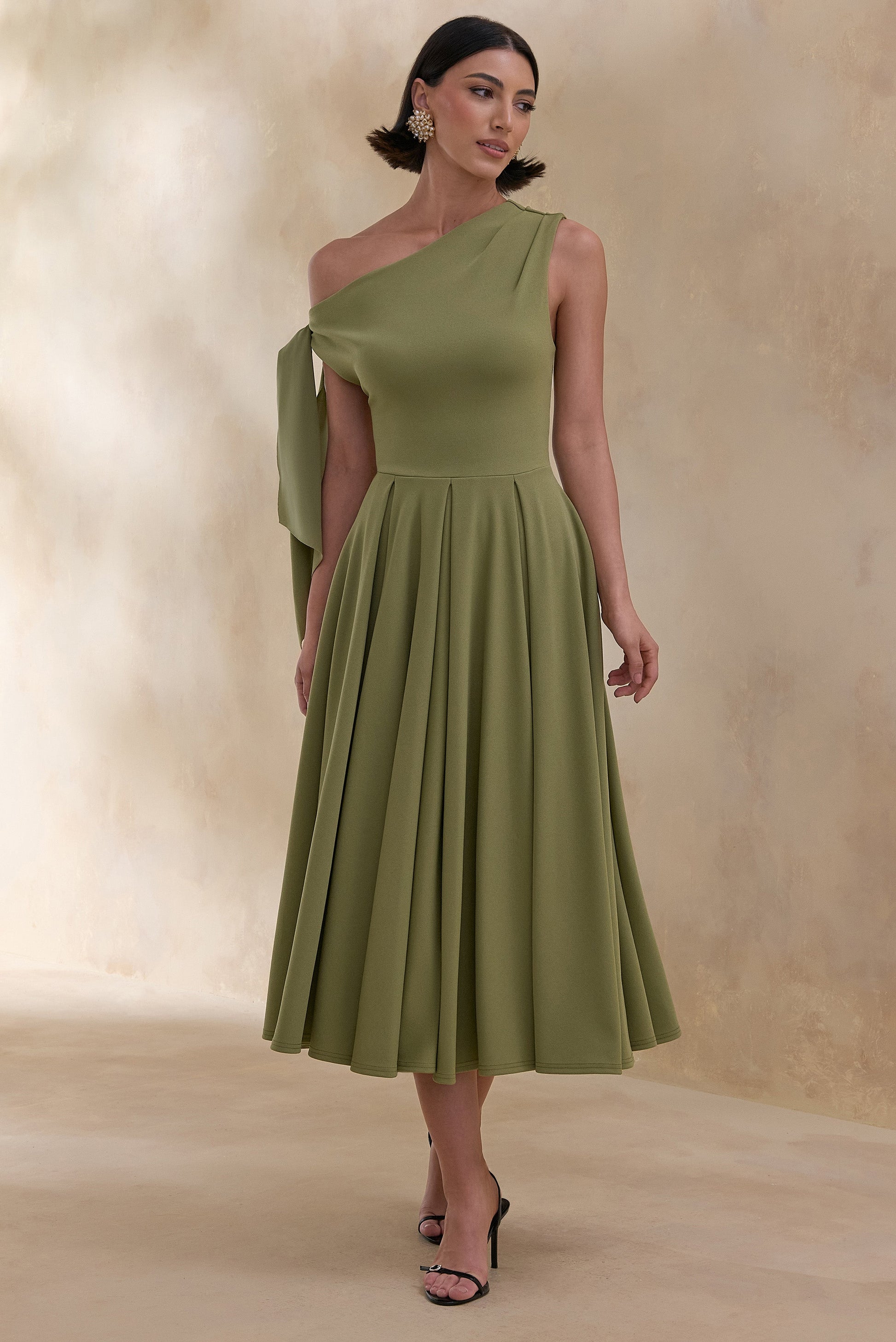 Daring | Olive Asymmetric-Neck Midi Dress With Knot-Detail