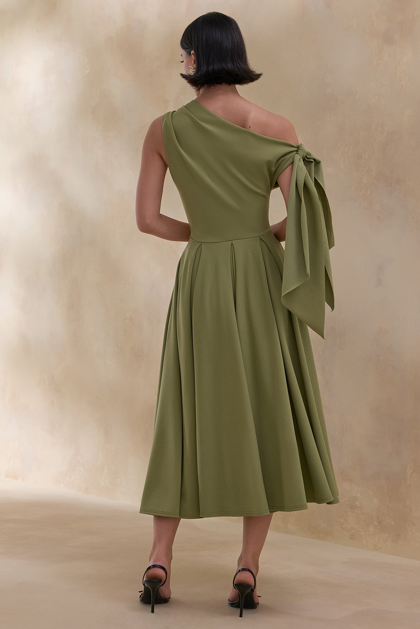 Daring | Olive Asymmetric-Neck Midi Dress With Knot-Detail