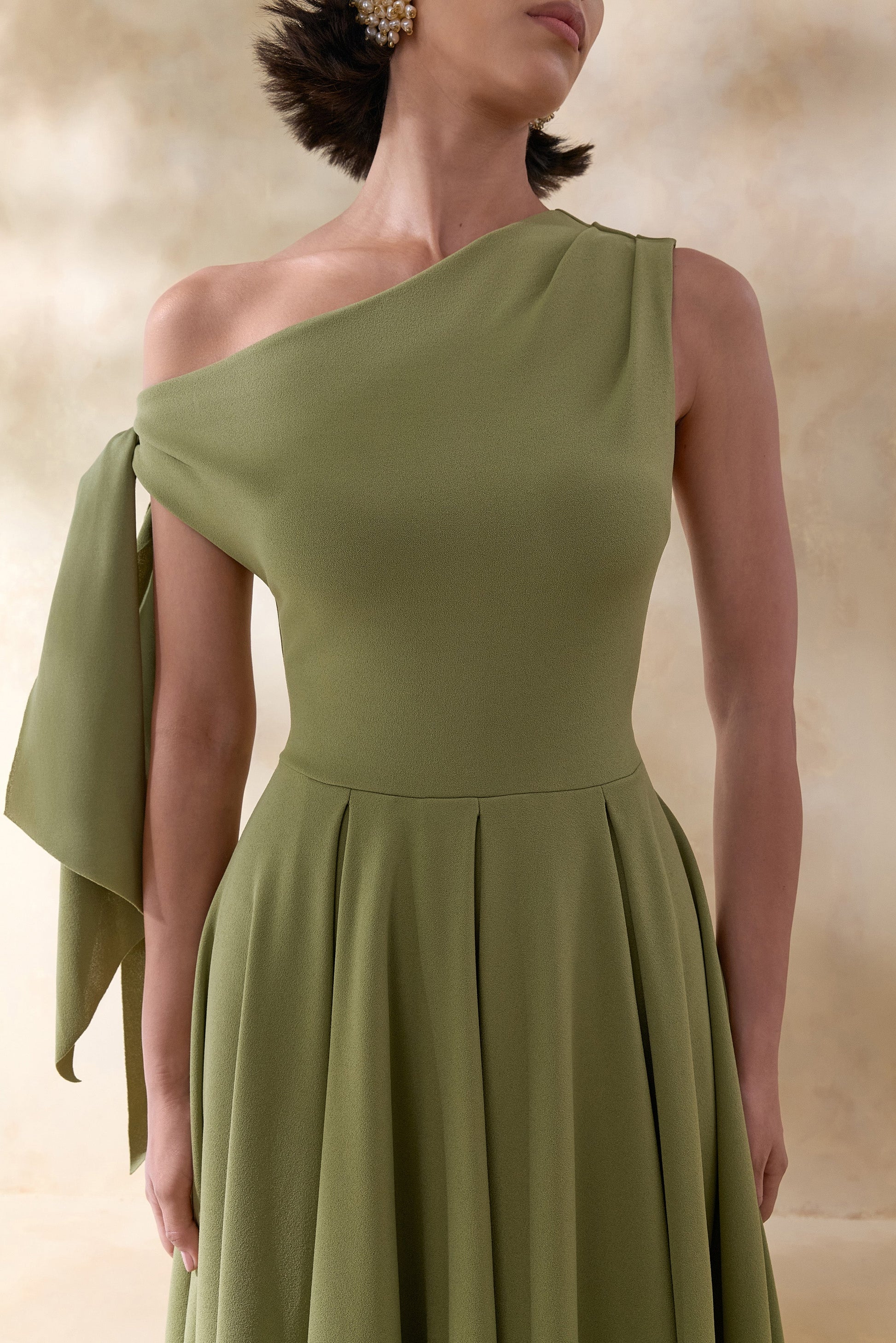 Daring | Olive Asymmetric-Neck Midi Dress With Knot-Detail