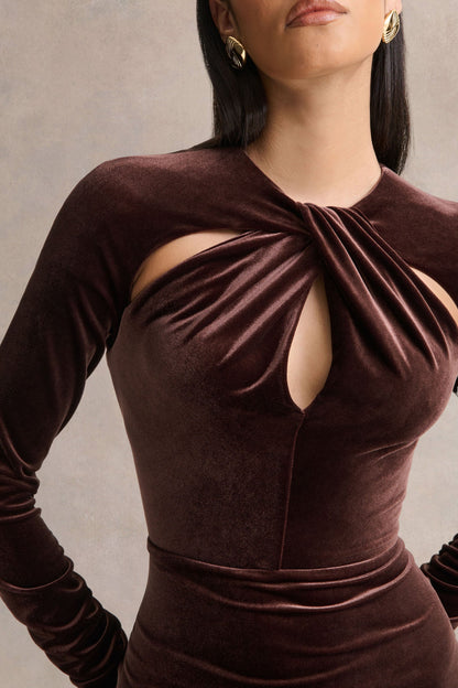 Francine | Brown Velvet Round-Neck Midi Dress With Cut-Out Details