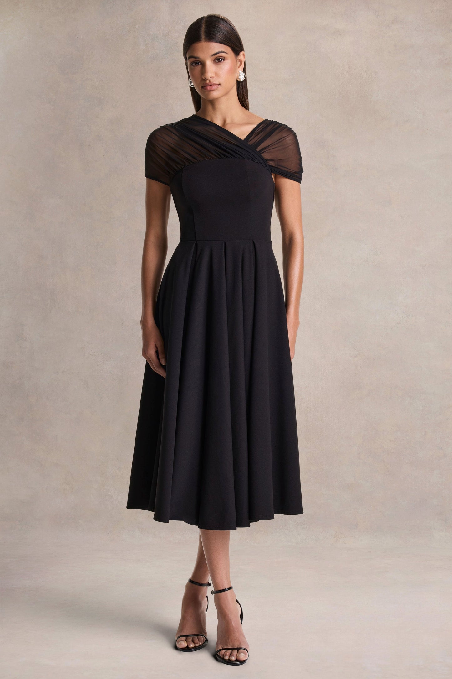 Rosette | Black Asymmetric-Neck Midi Dress