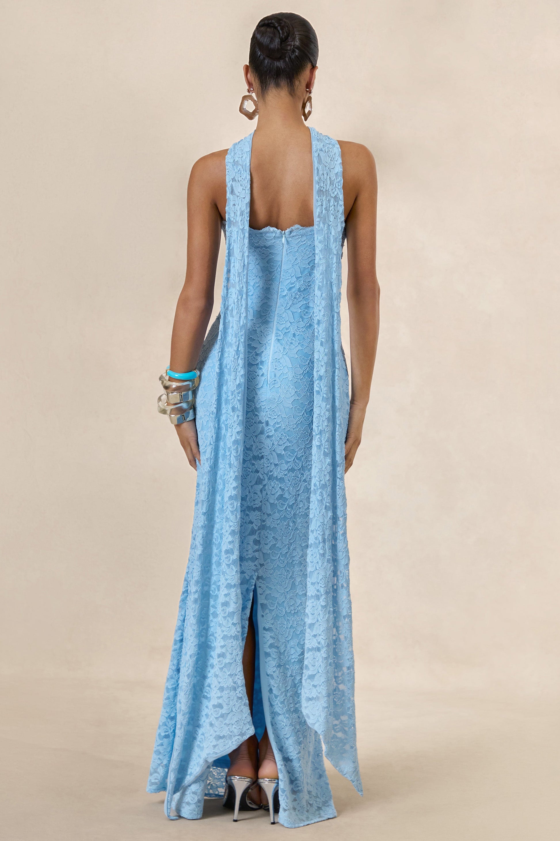 Massima | Light Blue Lace Bandeau Maxi Dress With Scarf-Detail