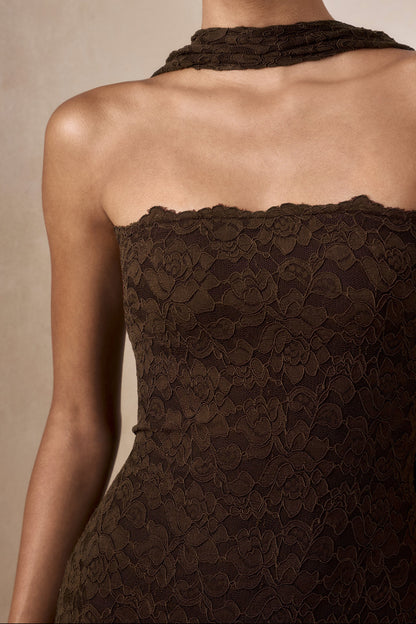 Massima | Brown Lace Bandeau Maxi Dress With Scarf-Detail