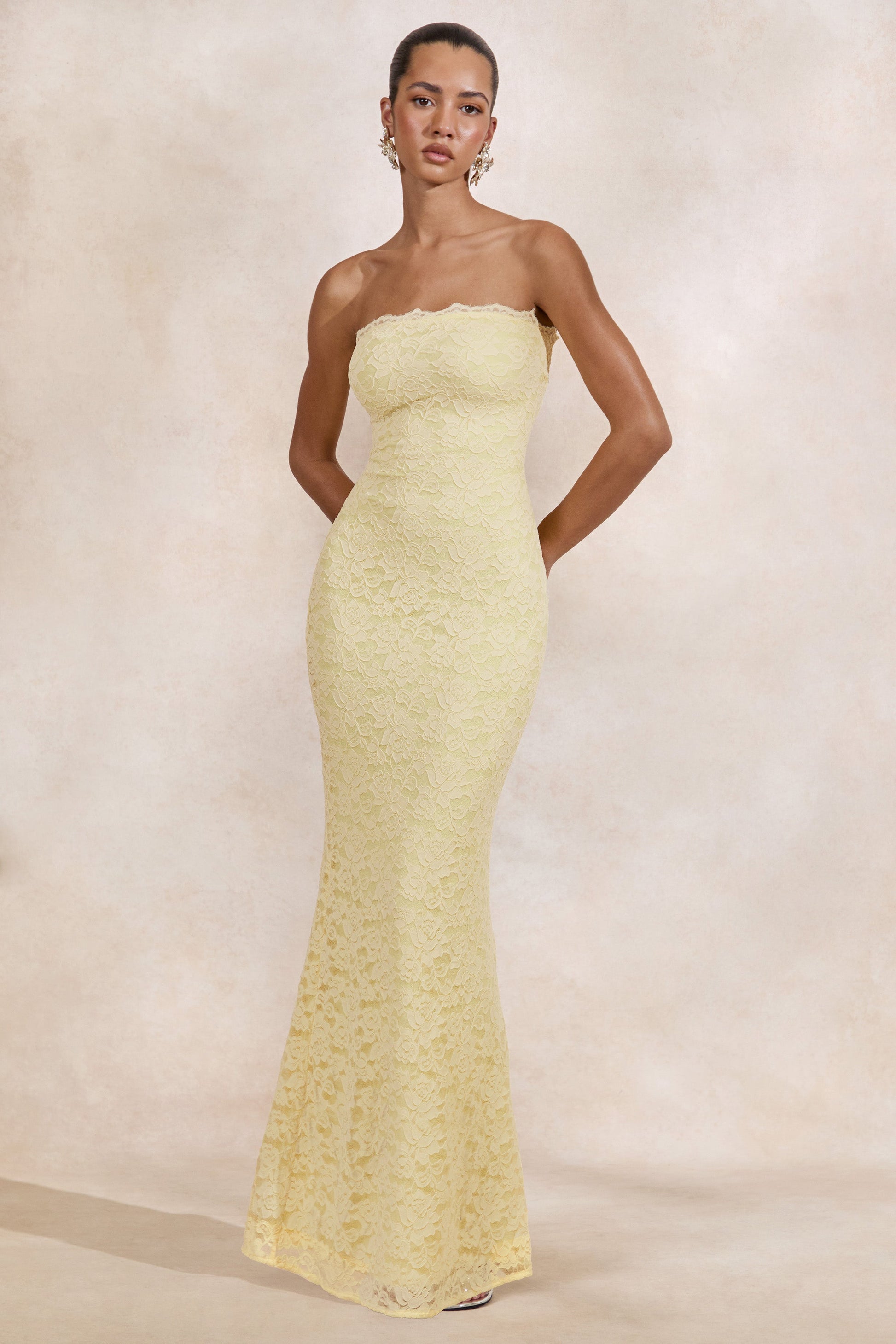 Massima | Lemon Lace Bandeau Maxi Dress With Scarf-Detail