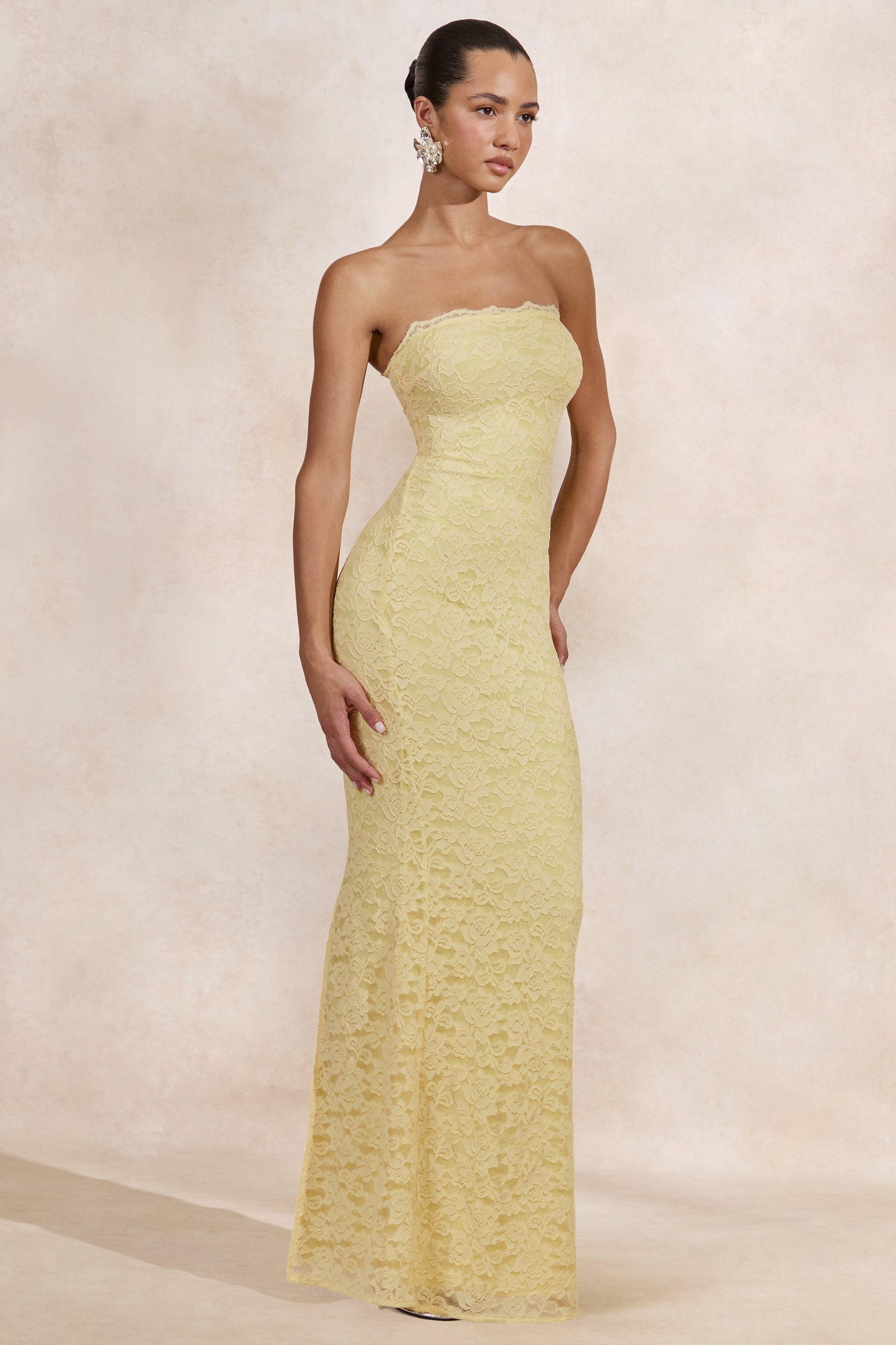 Massima | Lemon Lace Bandeau Maxi Dress With Scarf-Detail