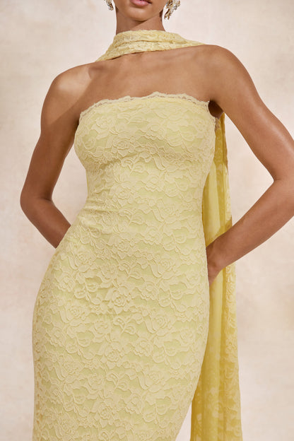 Massima | Lemon Lace Bandeau Maxi Dress With Scarf-Detail